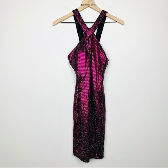 #26 Guess | NWT Crisscross Keyhole Sequined Pink Bodycon Mini Dress Size 2 - Picture 3 of 9